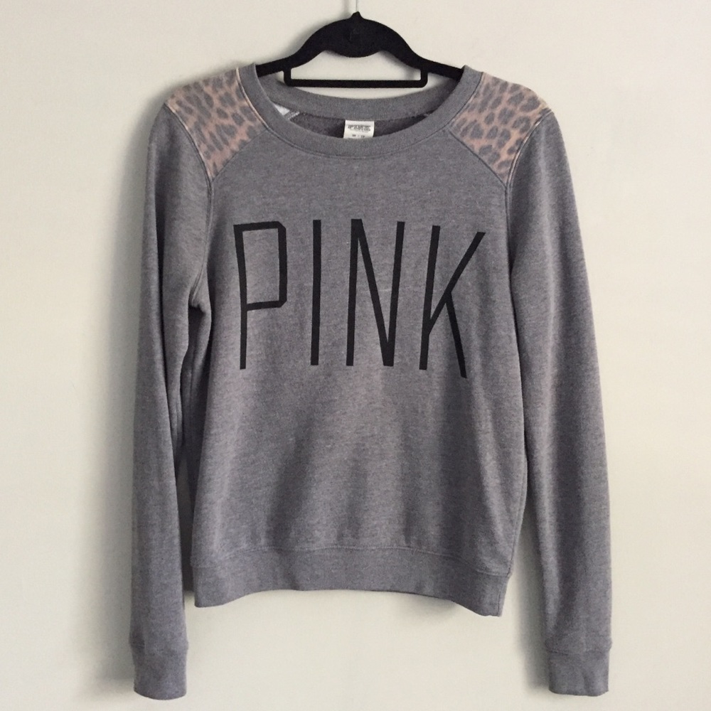 PINK Victoria's Secret Gray Crewneck Sweatshirt with Pink Leopard Shoulders